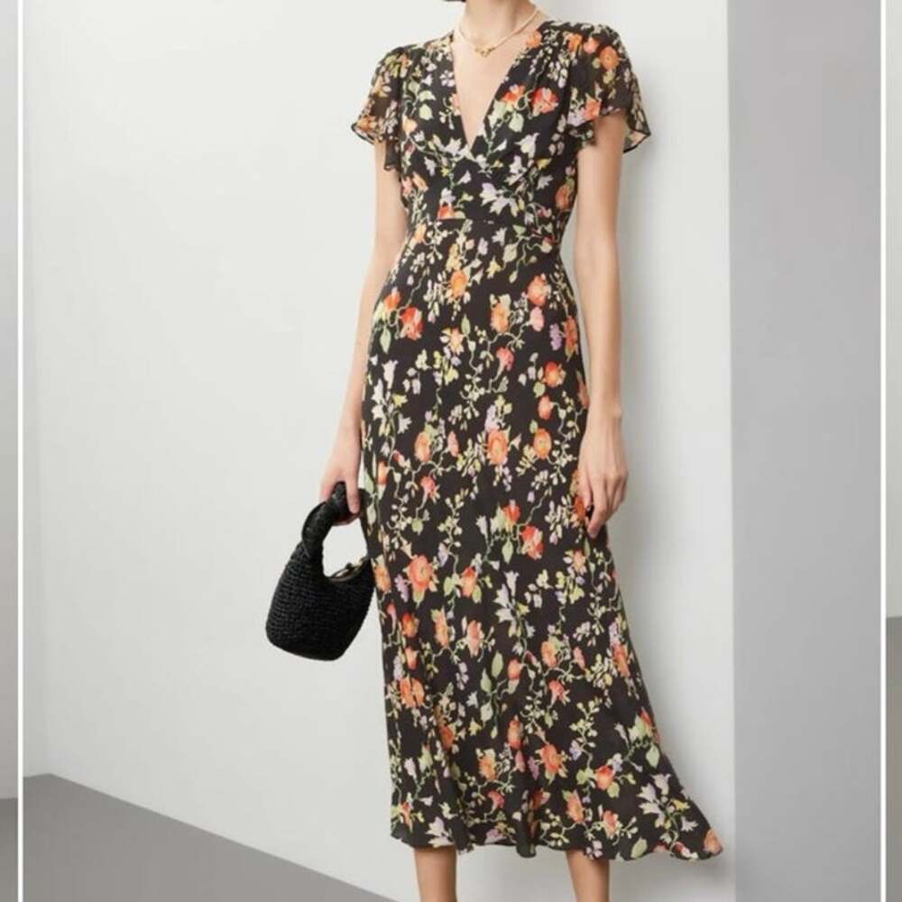 Rixo Florida black floral v neck  Maxi Dress size Medium